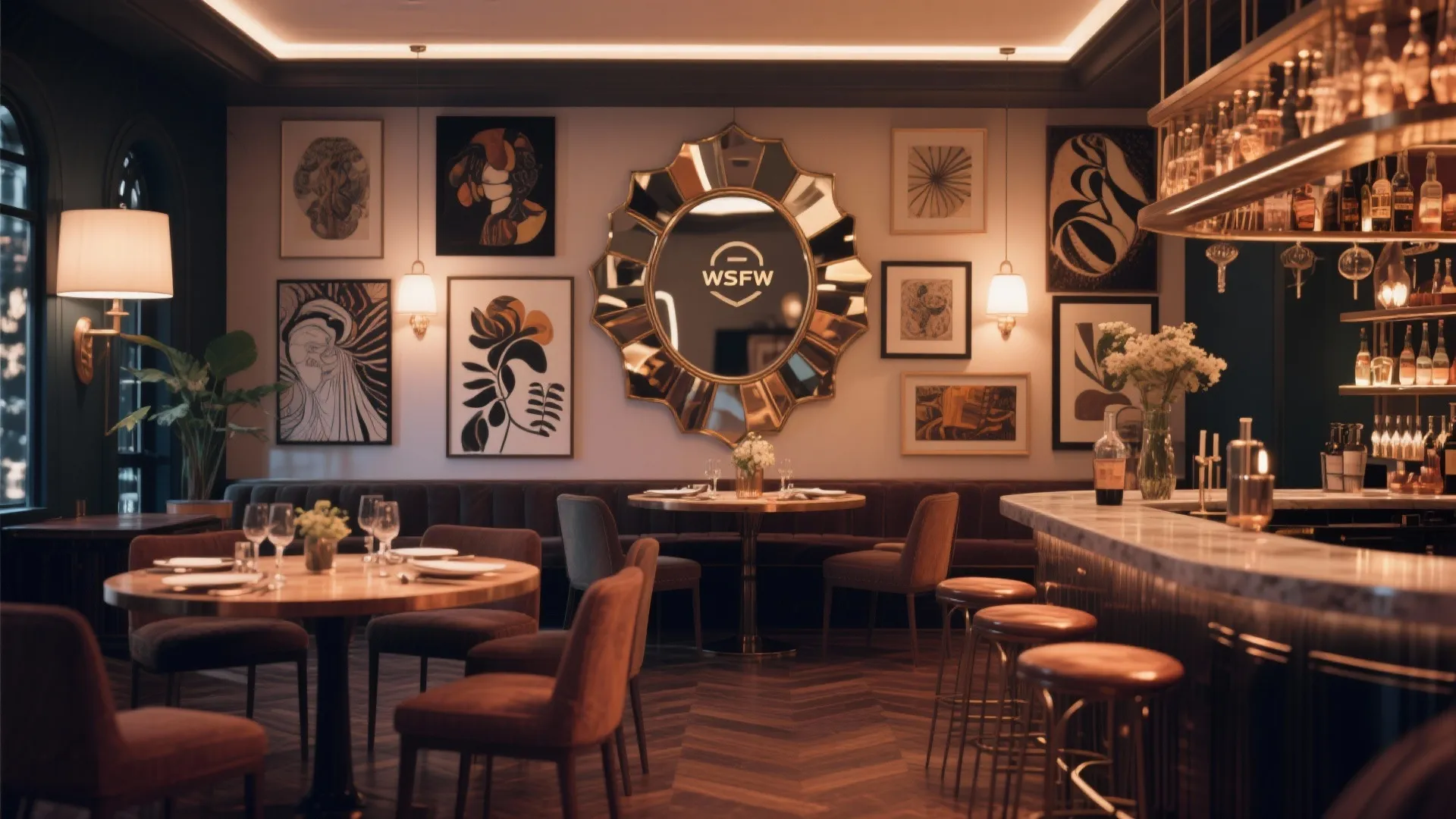 Dining room bar with art and mirror wall feature