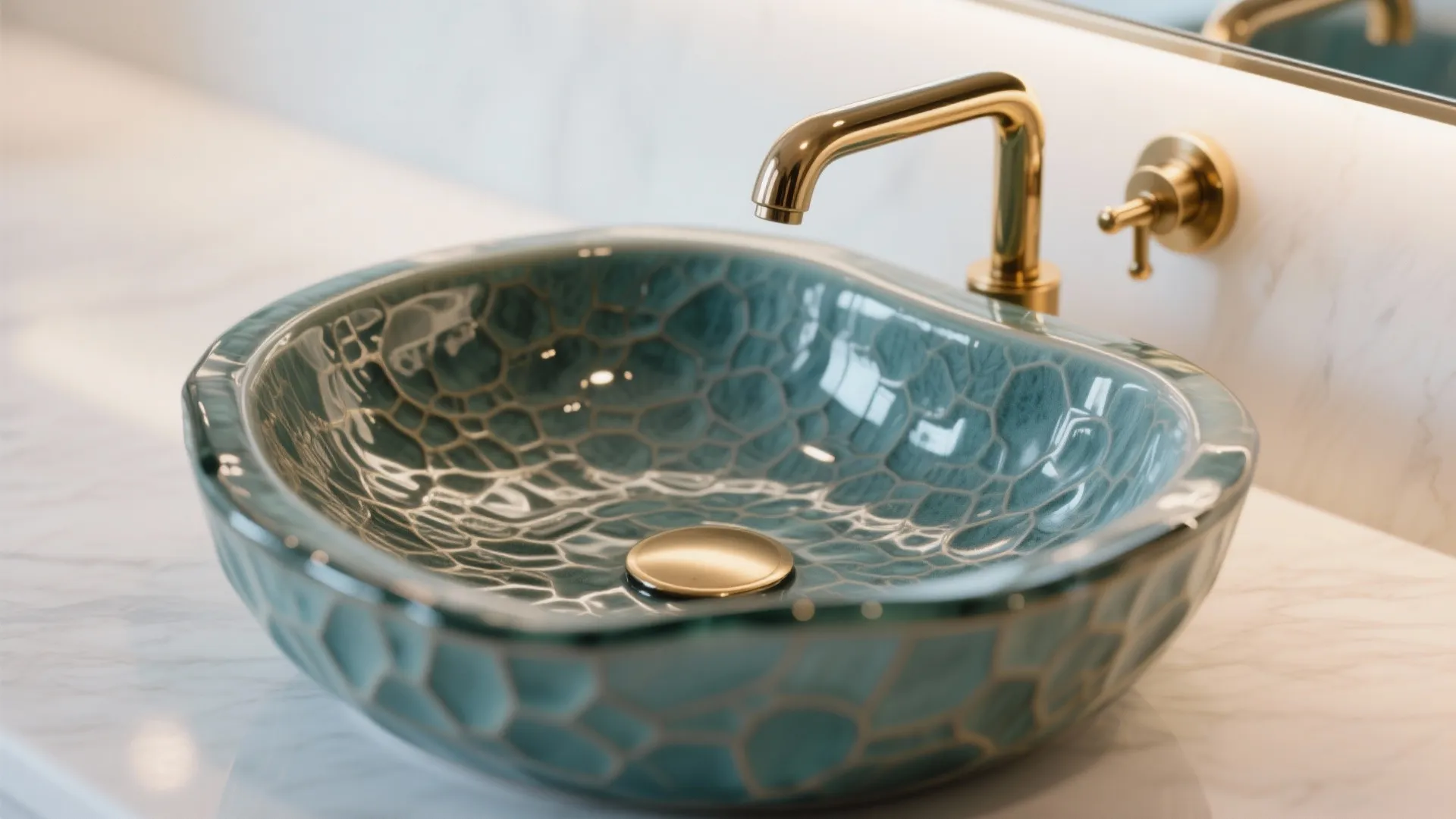 Unique blue textured glass sink bowl with gold faucet on a white marble bathroom countertop