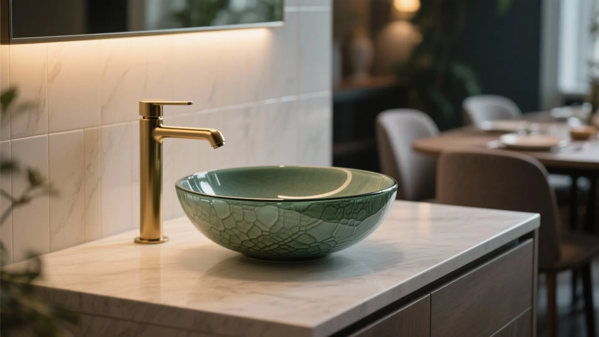 Green textured wash basin with gold water tap on marble counter in modern bathroom setting