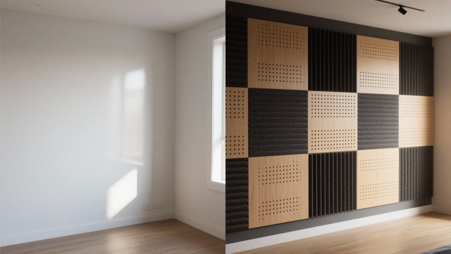 Before-and-after wall comparison showing bare wall versus perforated MDF acoustic panels over dark fleece.