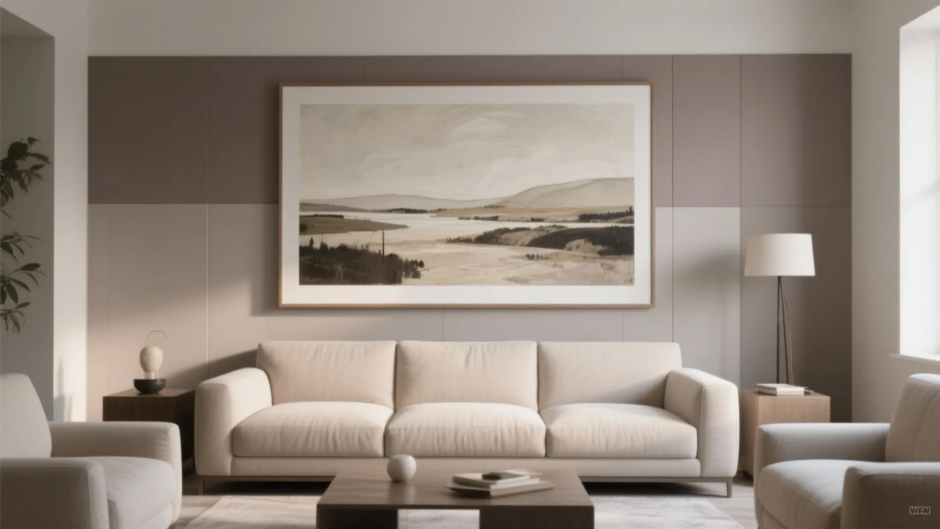 Modern living room featuring a cream sofa against a two-tone wall with large landscape artwork