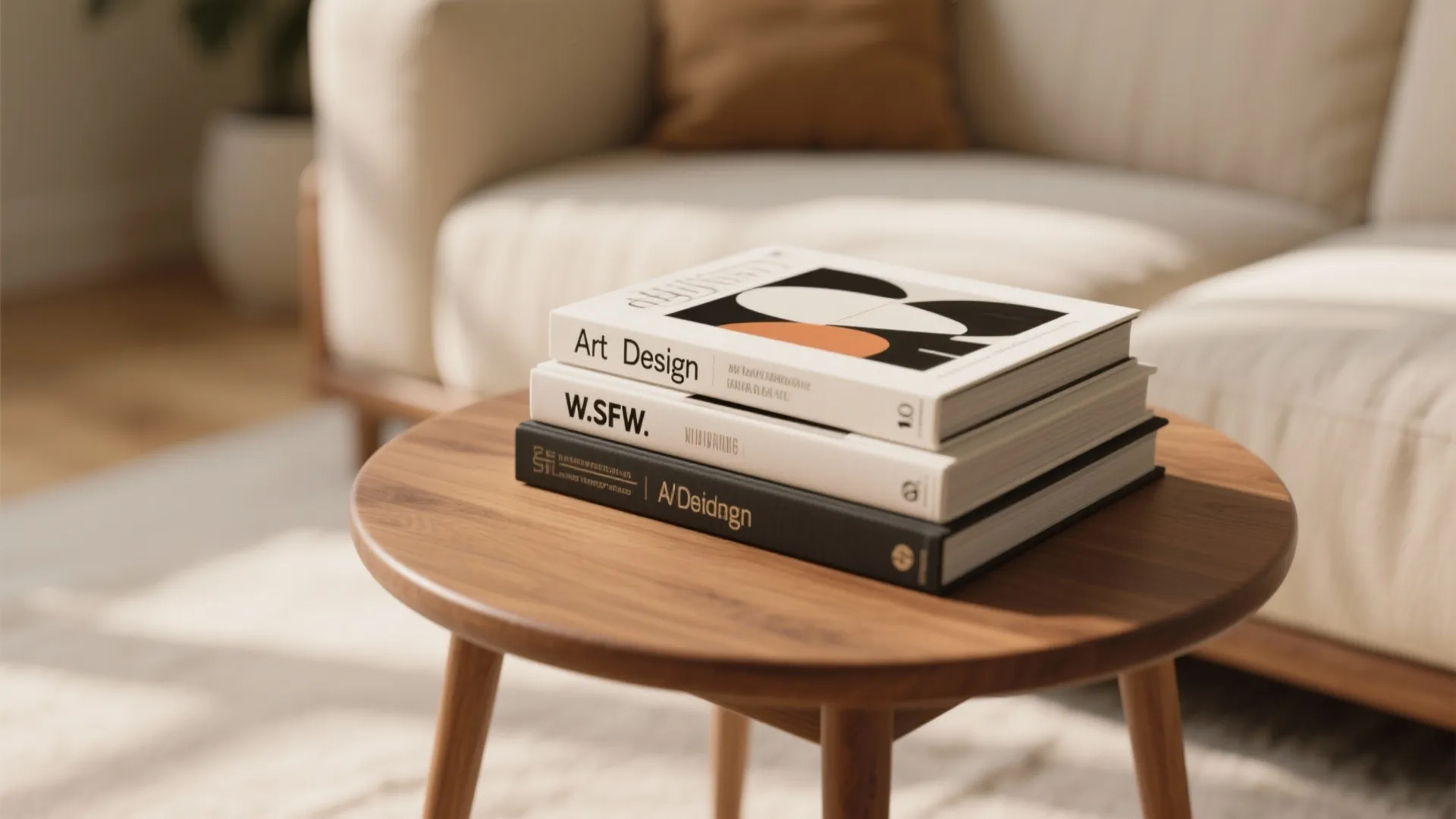 Three art design books stacked on a round wooden side table next to a sofa