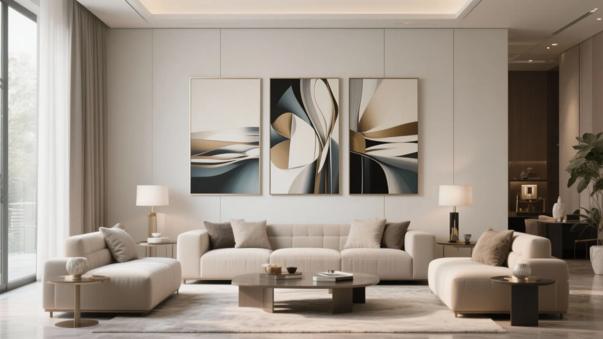 Modern living room with beige sofas large wall art coffee table and warm light from lamps