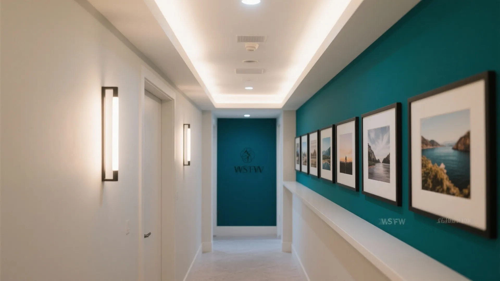 Modern hallway with teal accent wall gallery of framed photos wall light and bright ceiling