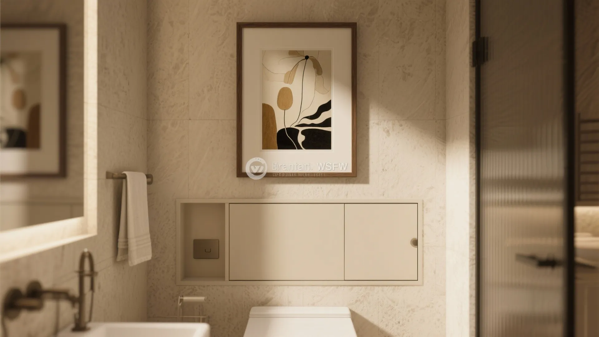 Modern bathroom with marble tiles wall art framed picture white toilet towel and gold faucet