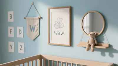 Calm Nursery Wall Decor with Soft Blue and Wood