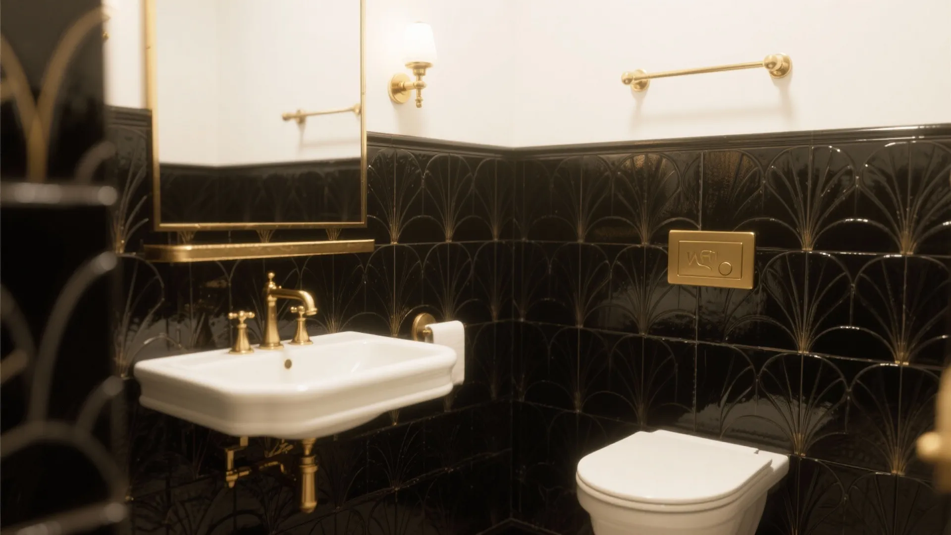 Art deco bathroom with black fan tiles and white upper walls