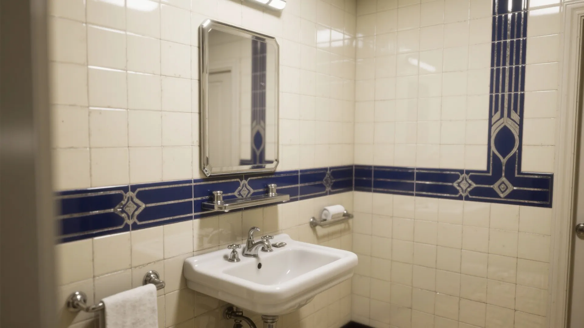 Vintage bathroom wall with navy art deco border tiles