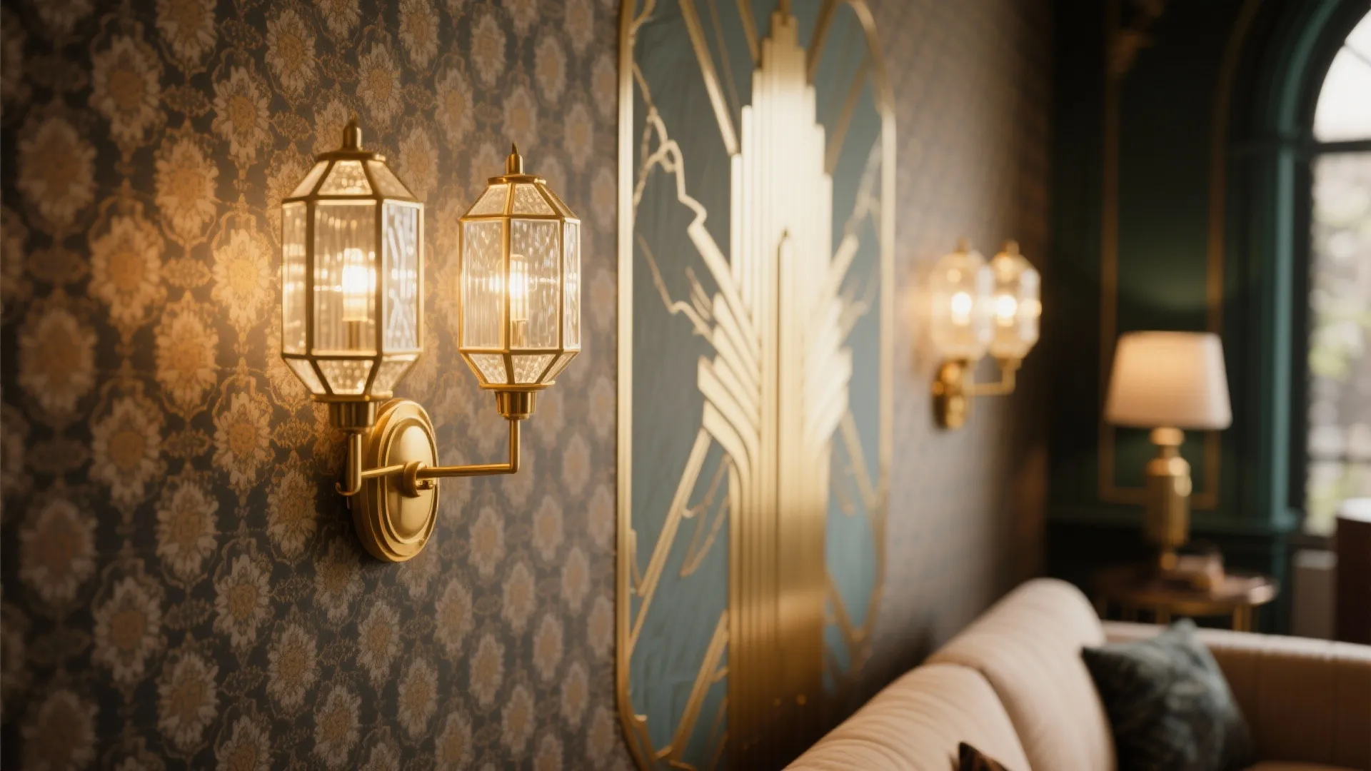Brass art-deco sconces with geometric frosted glass