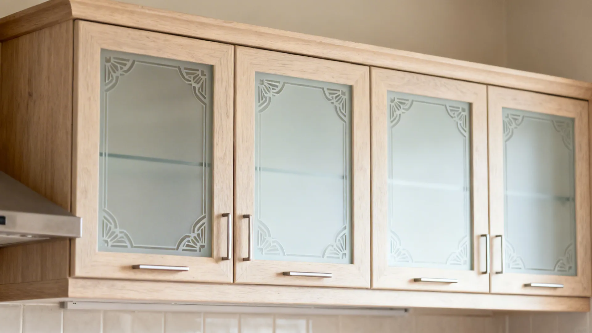 Compact kitchen with subtle Art-Deco corner motifs etched on glass cabinet doors in a light wood setting.