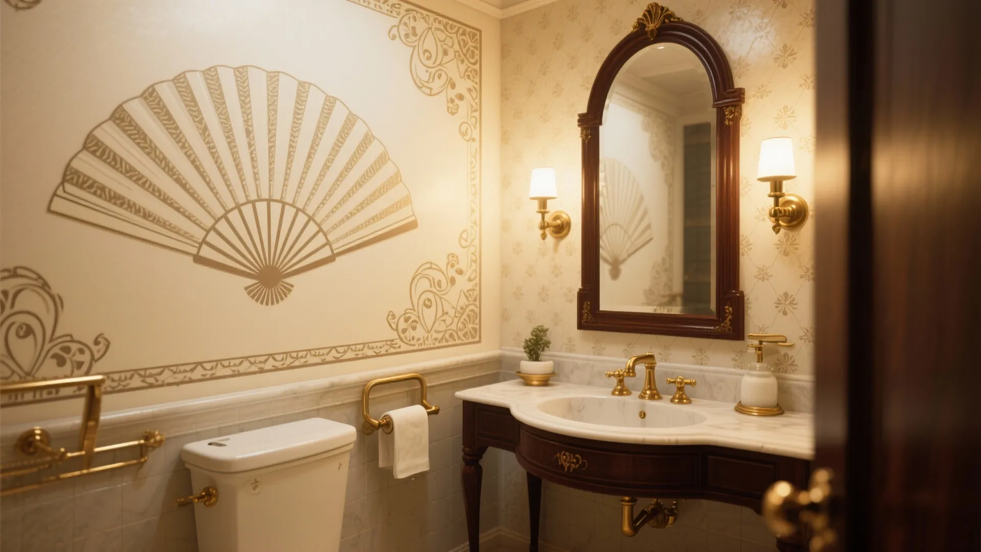Bathroom with art-deco fan stencil wall and brass fixtures