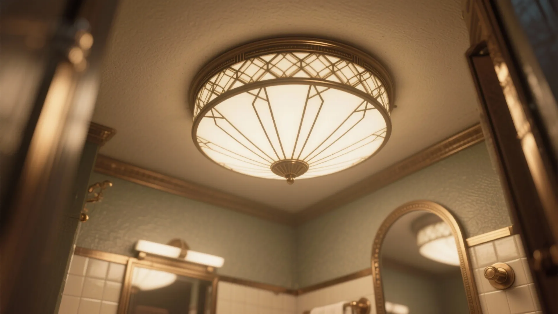 Art Deco flush mount ceiling light with geometric design in small bathroom