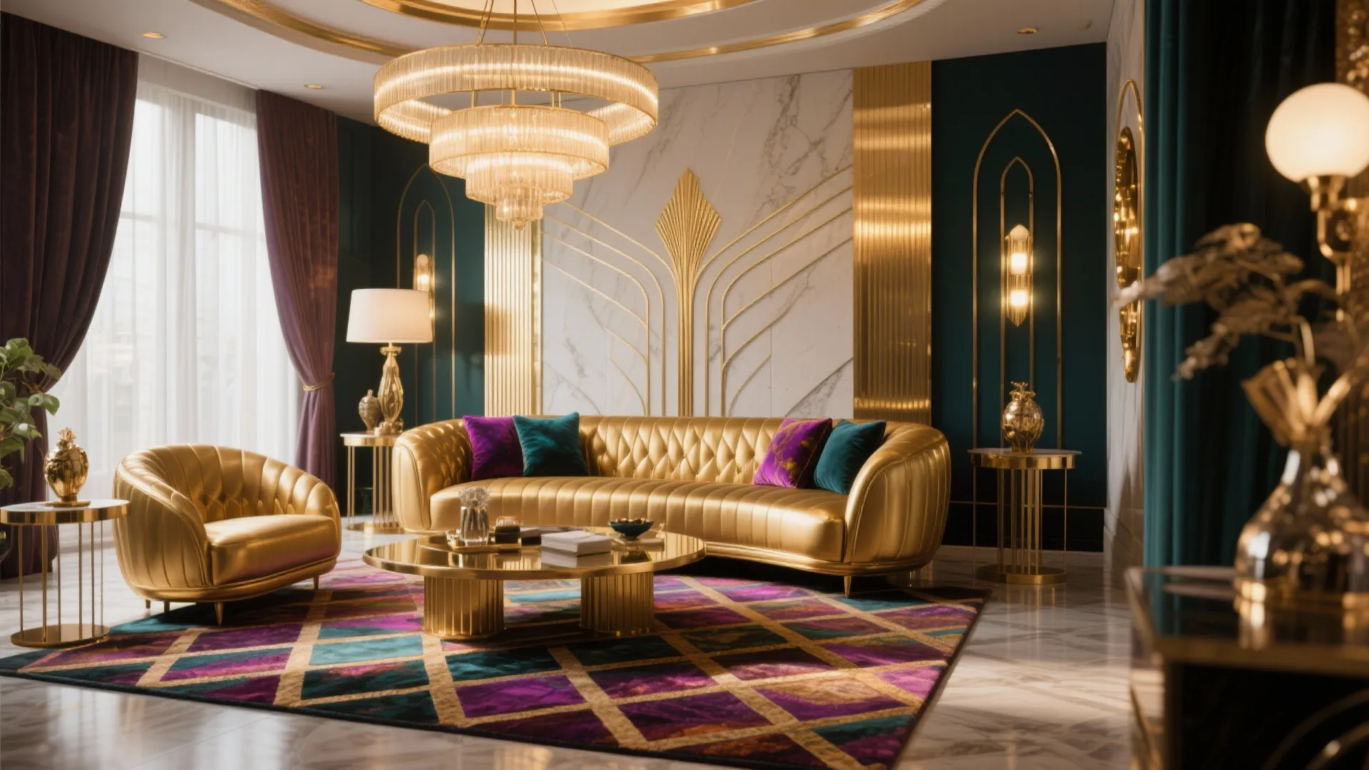 Luxury living room with gold sofa armchair large tiered ceiling light and colorful geometric rug