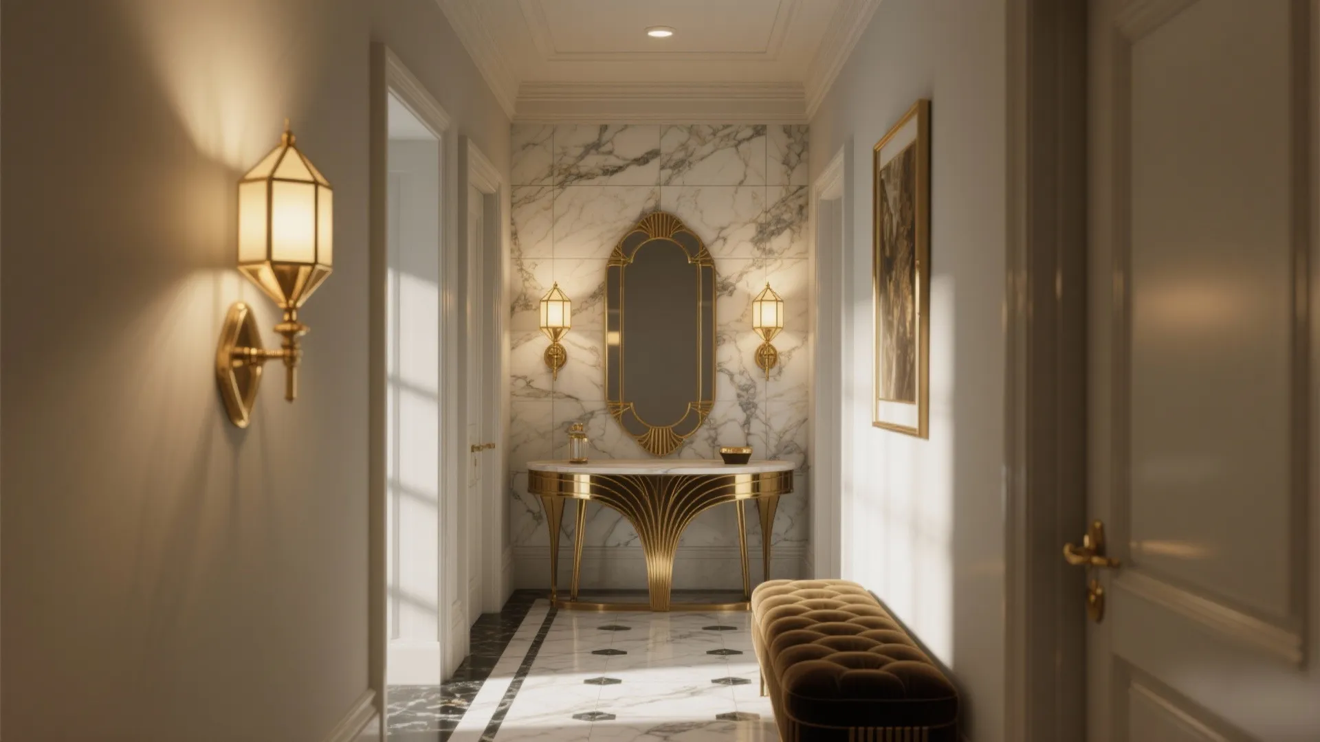 Luxury hallway with marble walls gold table oval mirror wall light and brown padded bench