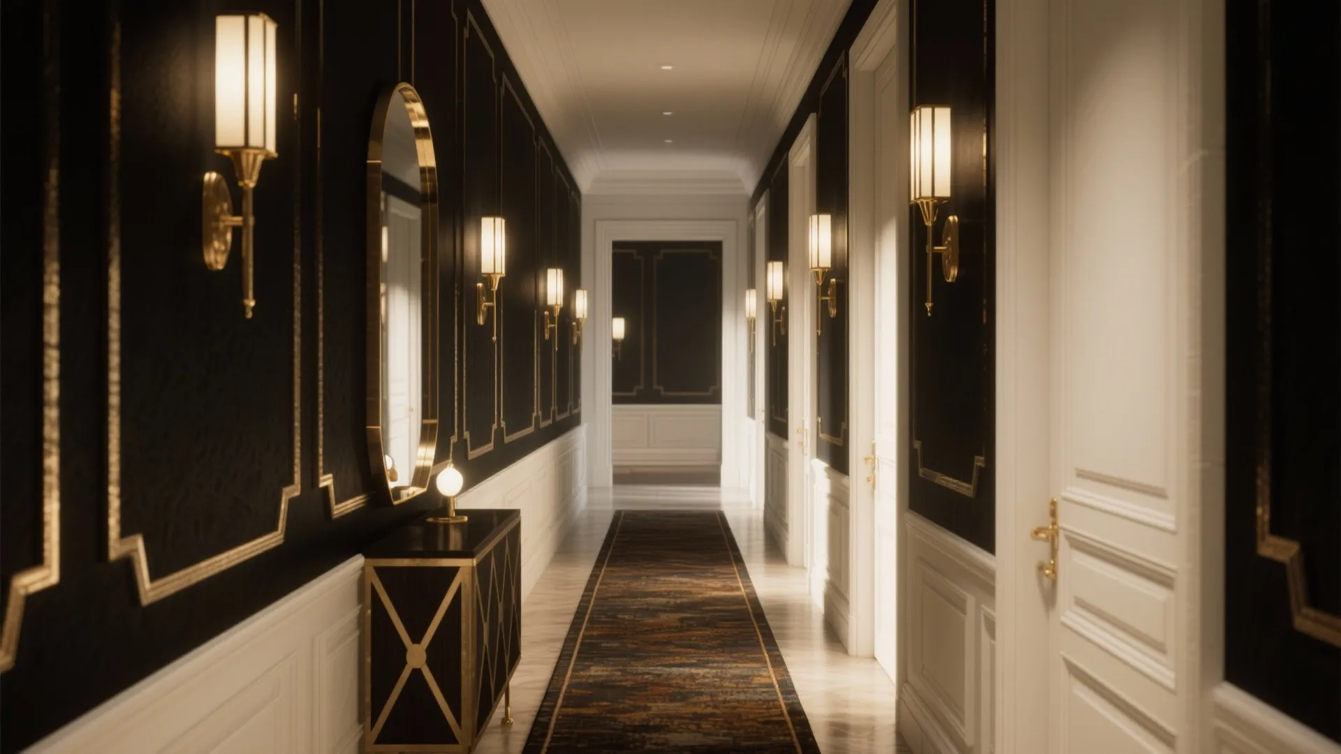 Long luxury hallway with black wall panel white trim gold wall light mirror and floor carpet