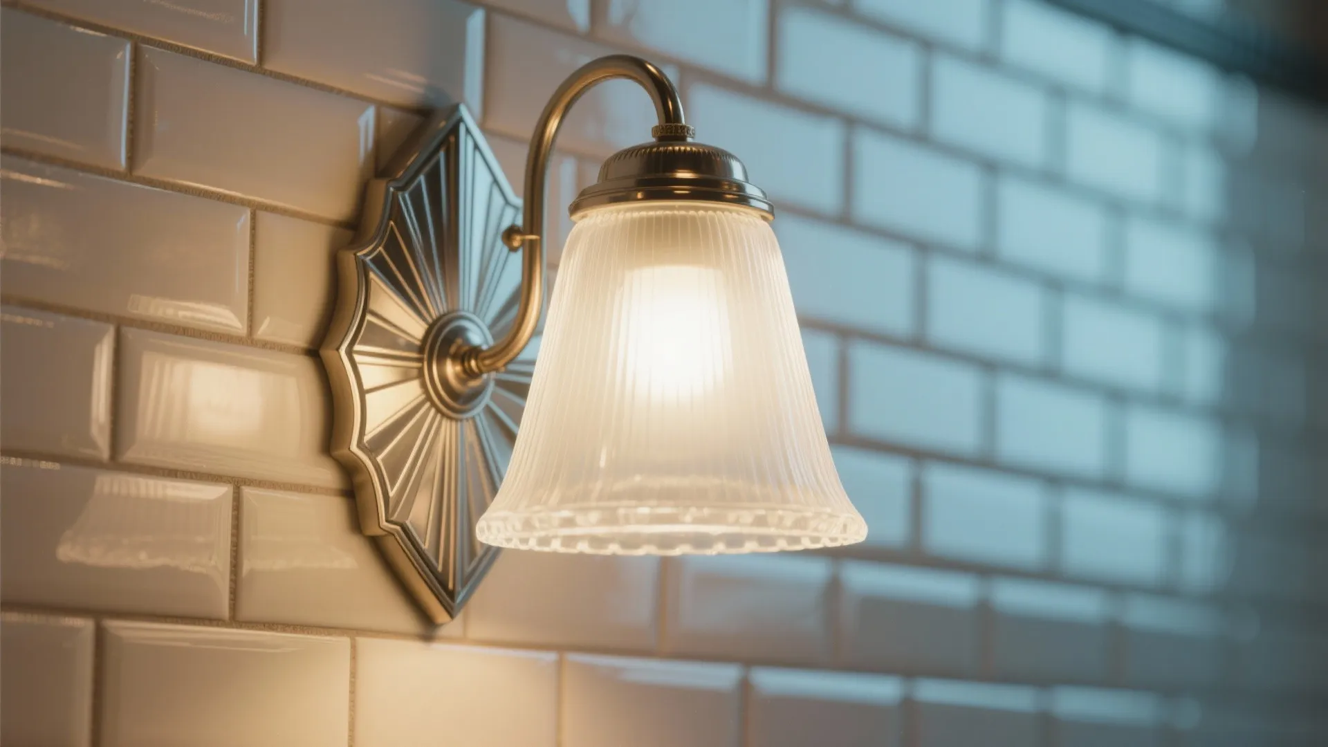 Classic glass wall light fixture glowing on a white brick tile wall in a bathroom