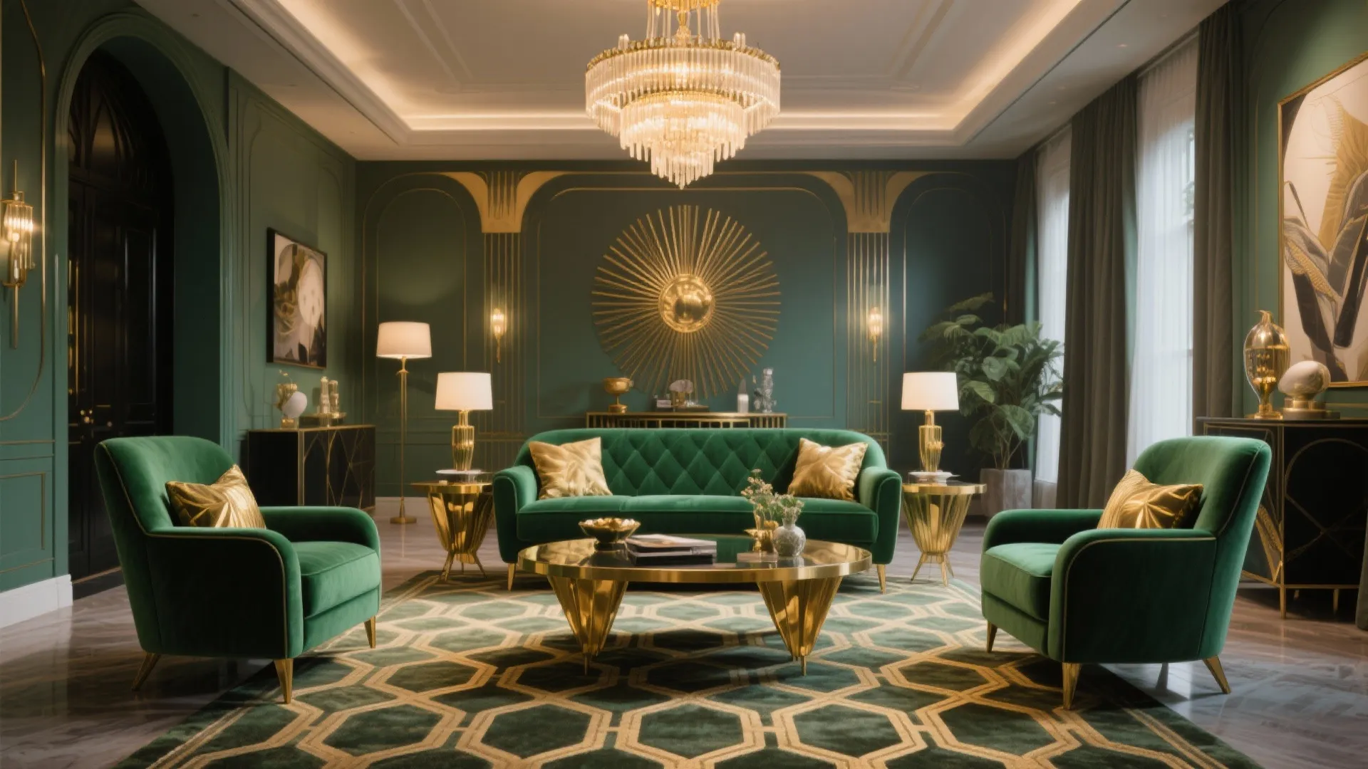 Luxury green living room with gold furniture velvet sofa ceiling light and elegant wall panel decorations
