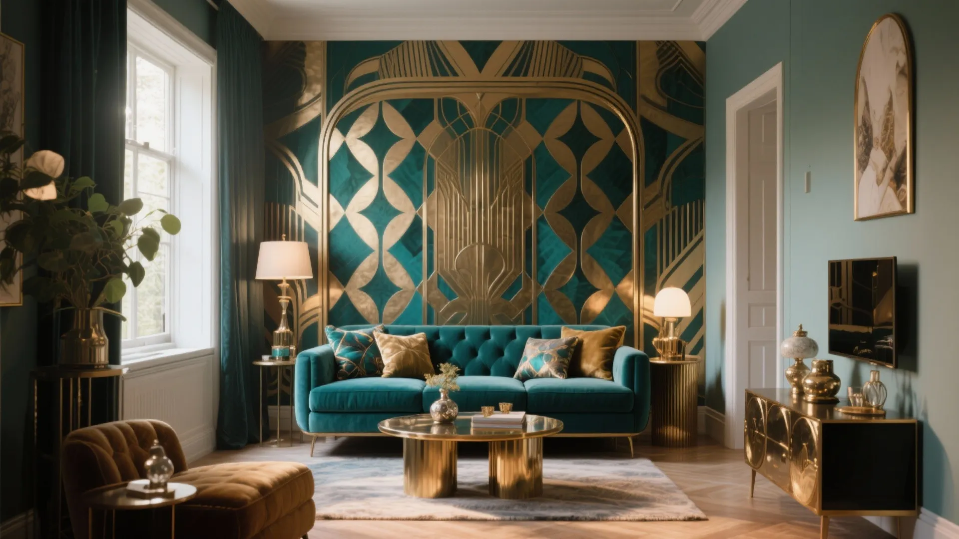 Luxurious living room with teal sofa gold coffee table patterned wall panel and large bright window