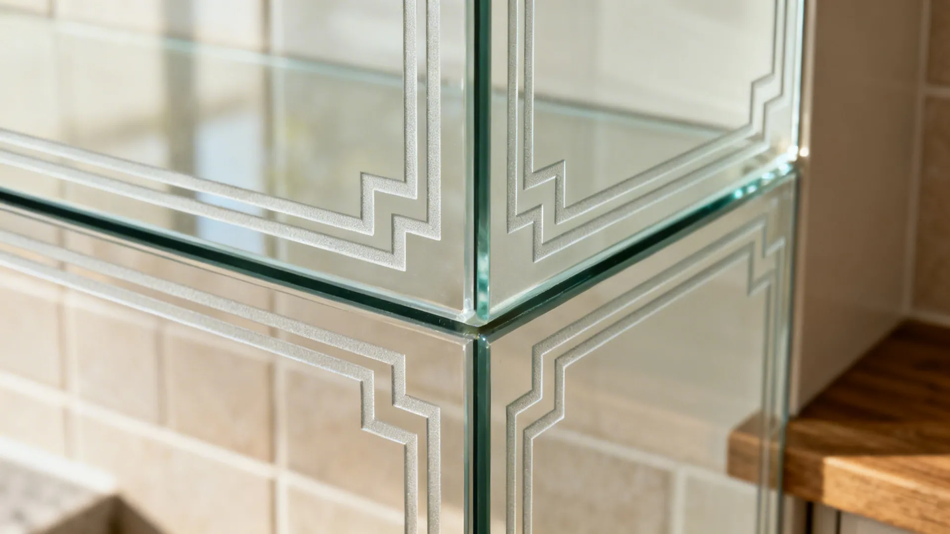 Macro detail of a crisp Art-Deco etched corner motif on cabinet glass under soft daylight.