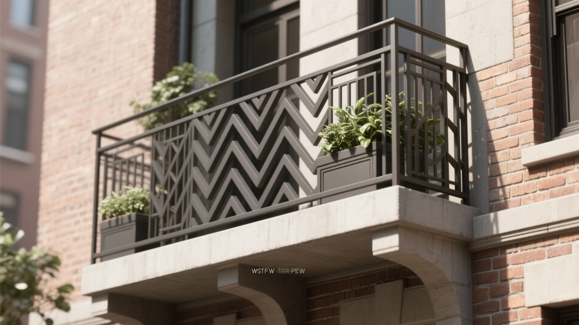 Art Deco wrought iron balcony with stepped chevrons and rectangles in warm charcoal on a brick facade.