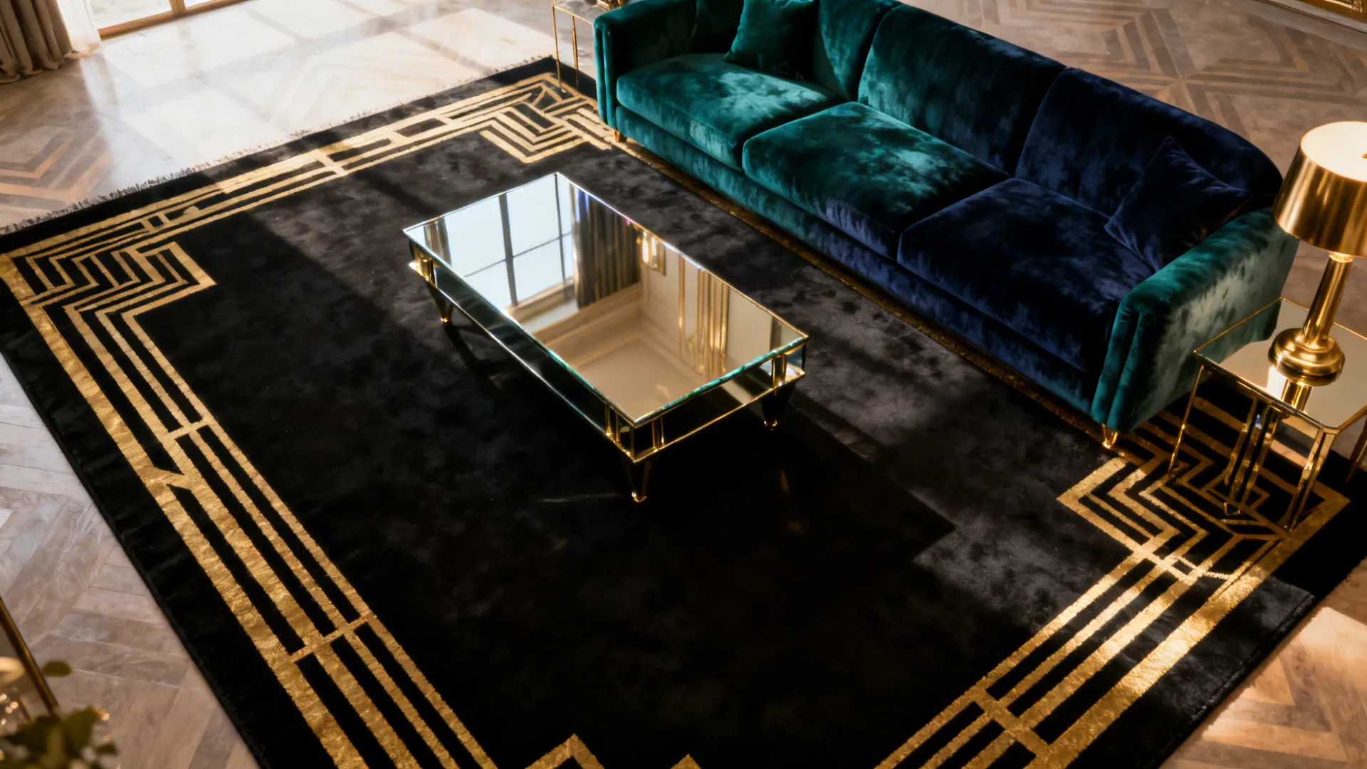 Living room with an Art Deco black rug featuring gold geometric lines under a velvet sofa.