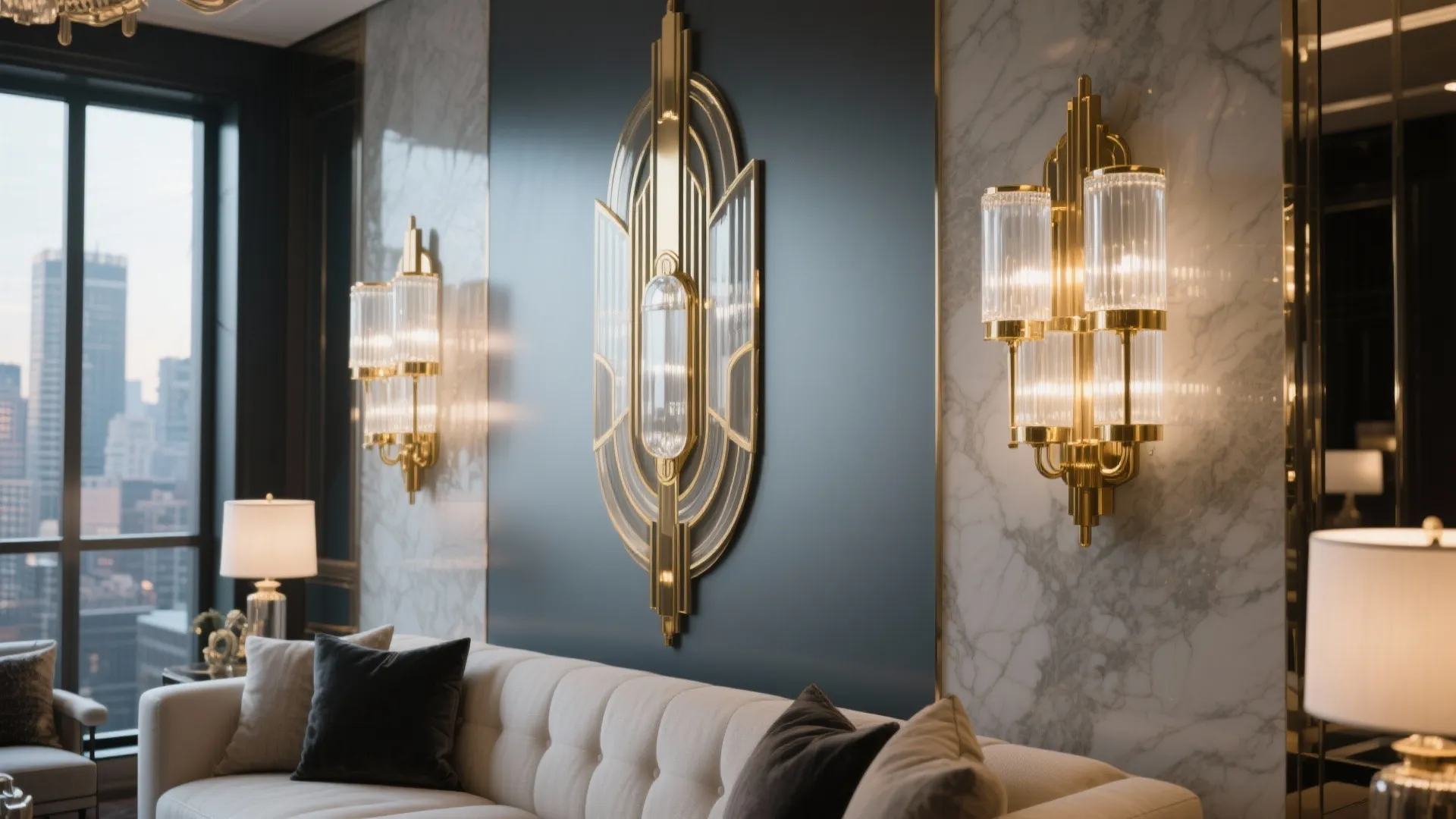Elegant living room with gold wall light fixtures marble walls white sofa and dark pillows