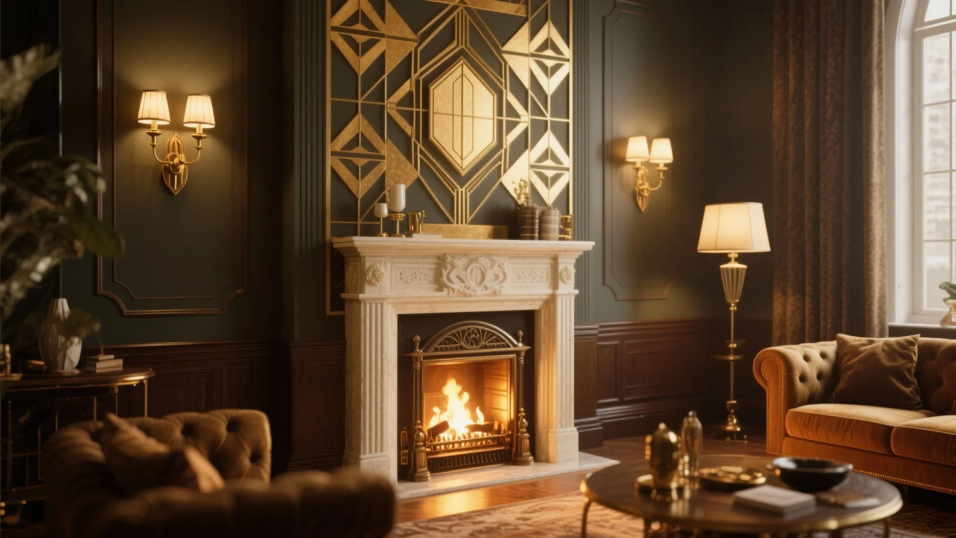 Luxury living room with white fireplace green walls gold geometric wall art and brown sofa