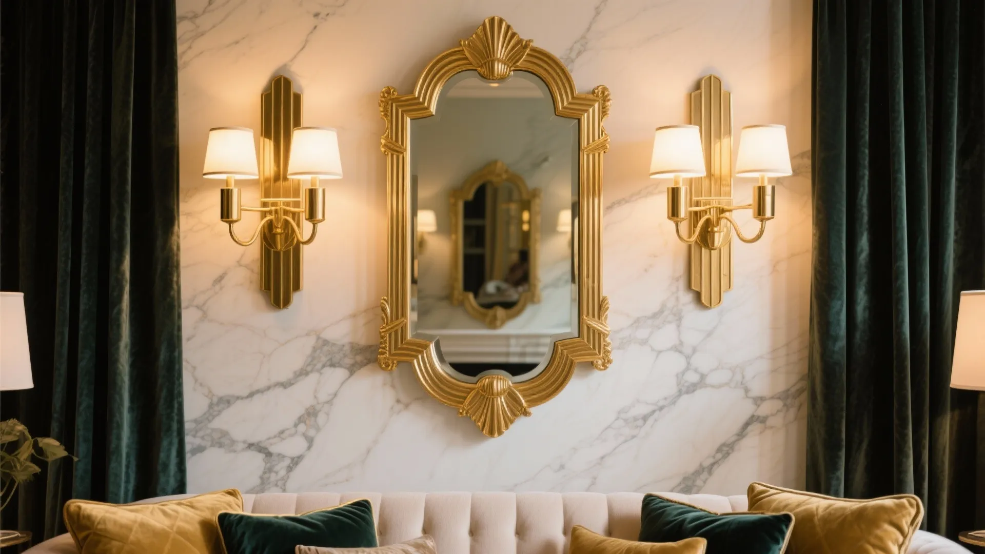 Elegant marble wall with gold framed mirror two wall lights green curtains and a sofa