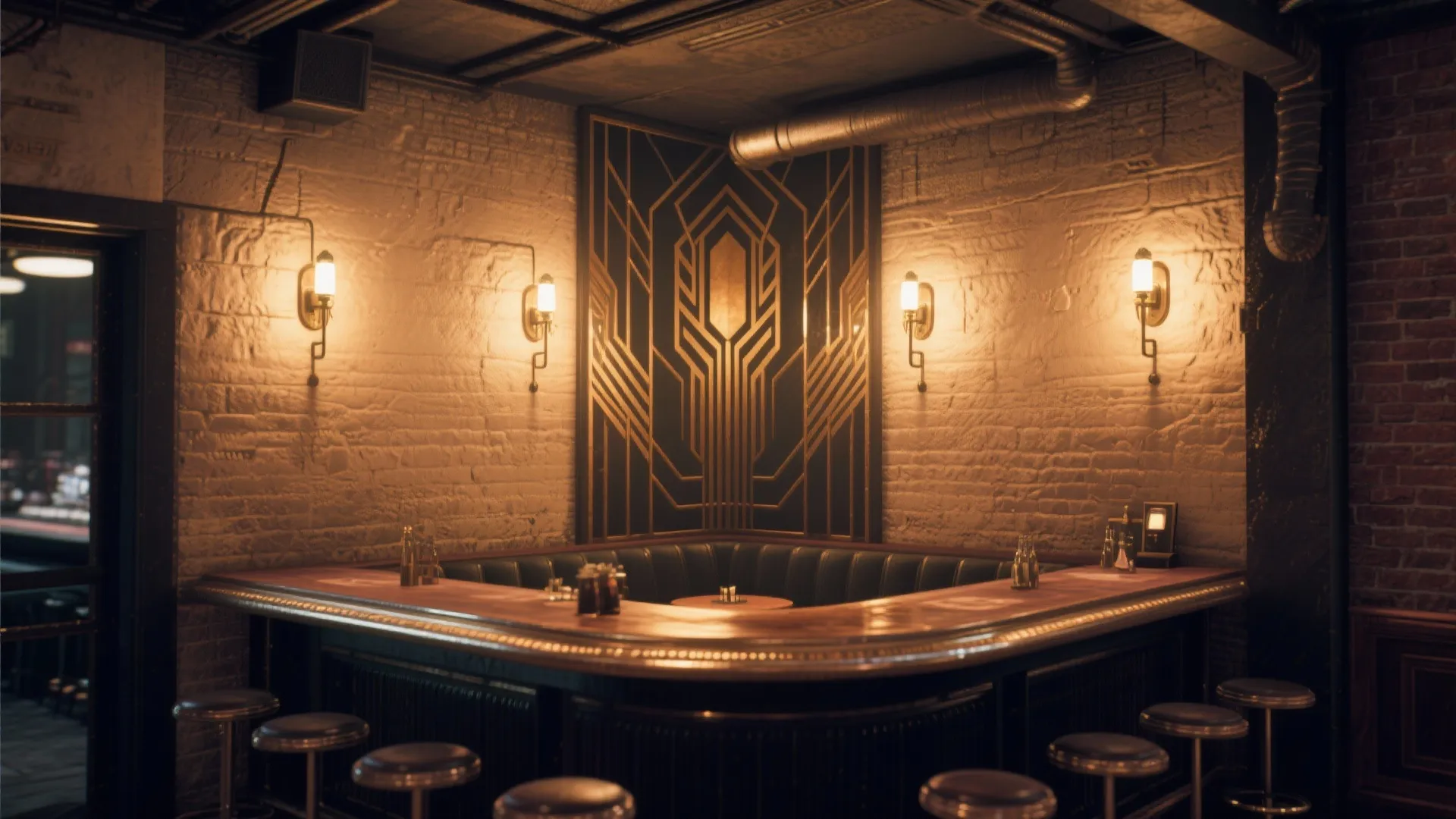 Classic bar area with brick walls four wall lights wooden counter and tall metal stools