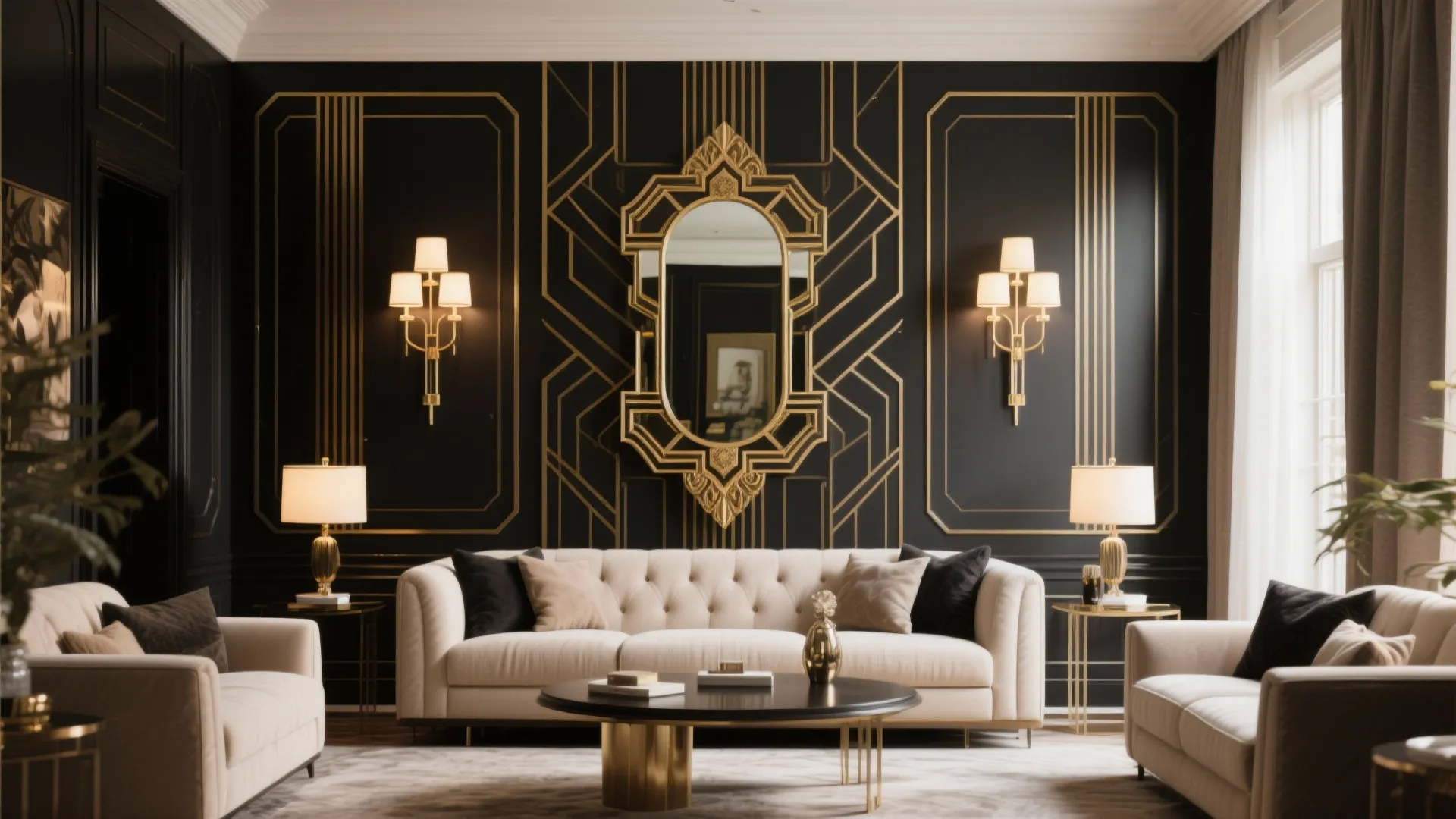 Art Deco-inspired wall sconces flanking a decorative mirror