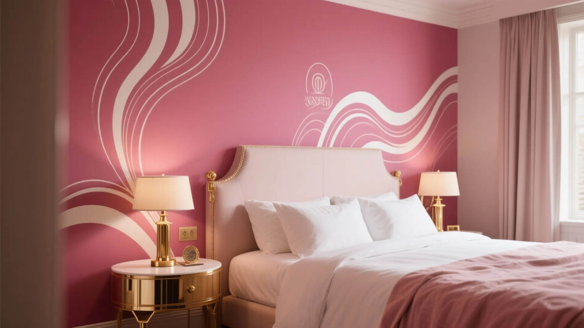 Pink bedroom wall featuring white wave patterns behind a bed with gold side tables and lamps