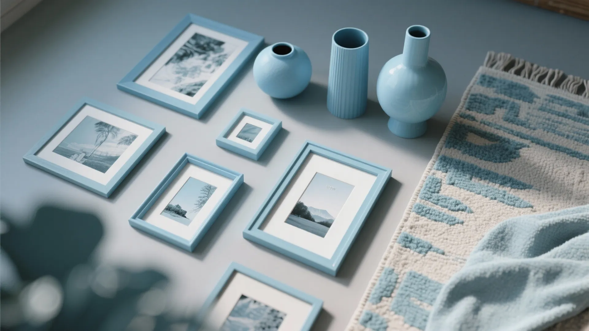 Flatlay of robin’s egg blue home decor accents