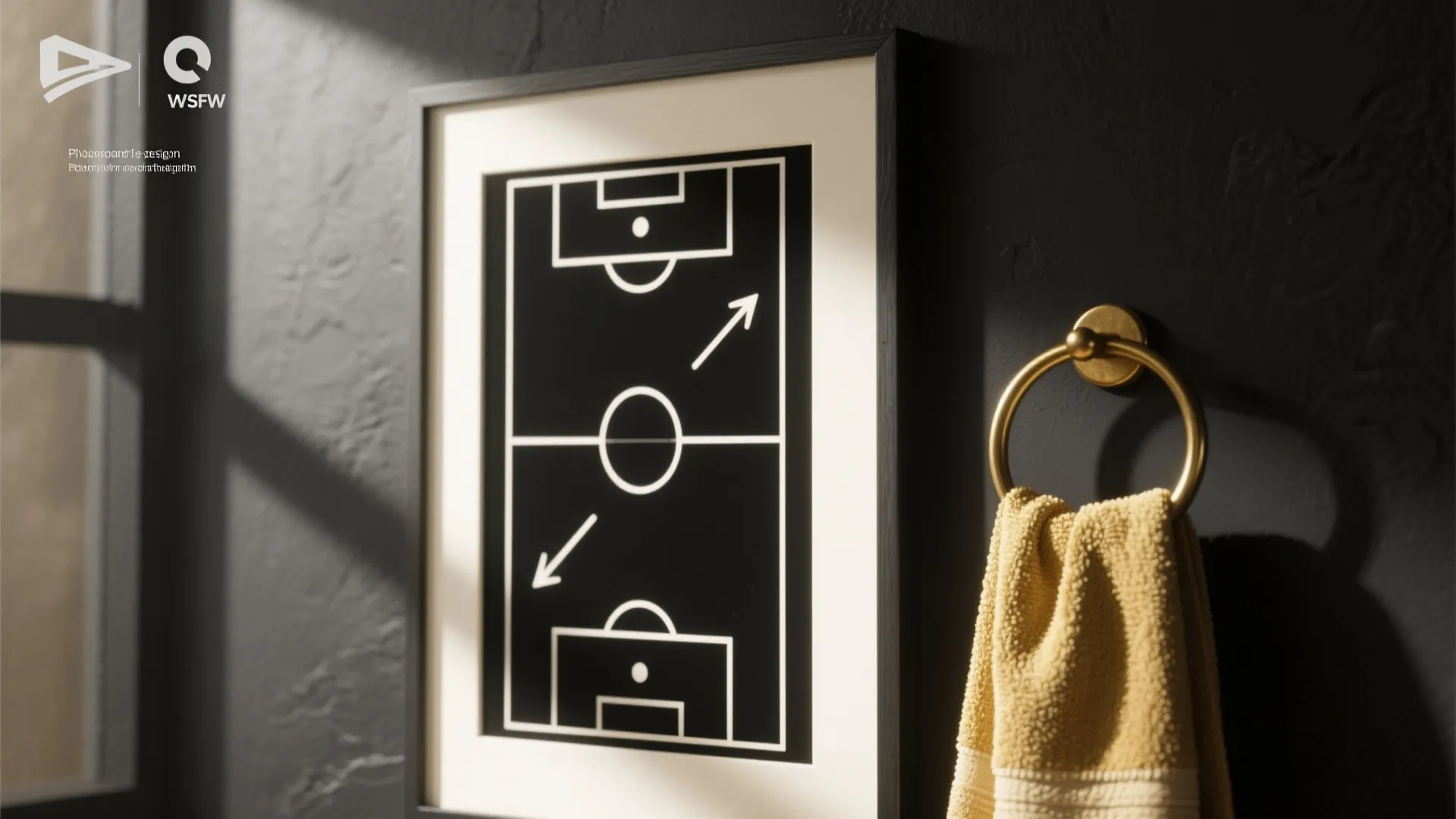 Macro of framed monochrome abstract sports art and a textured gold towel on a matte black wall with a brass hook.