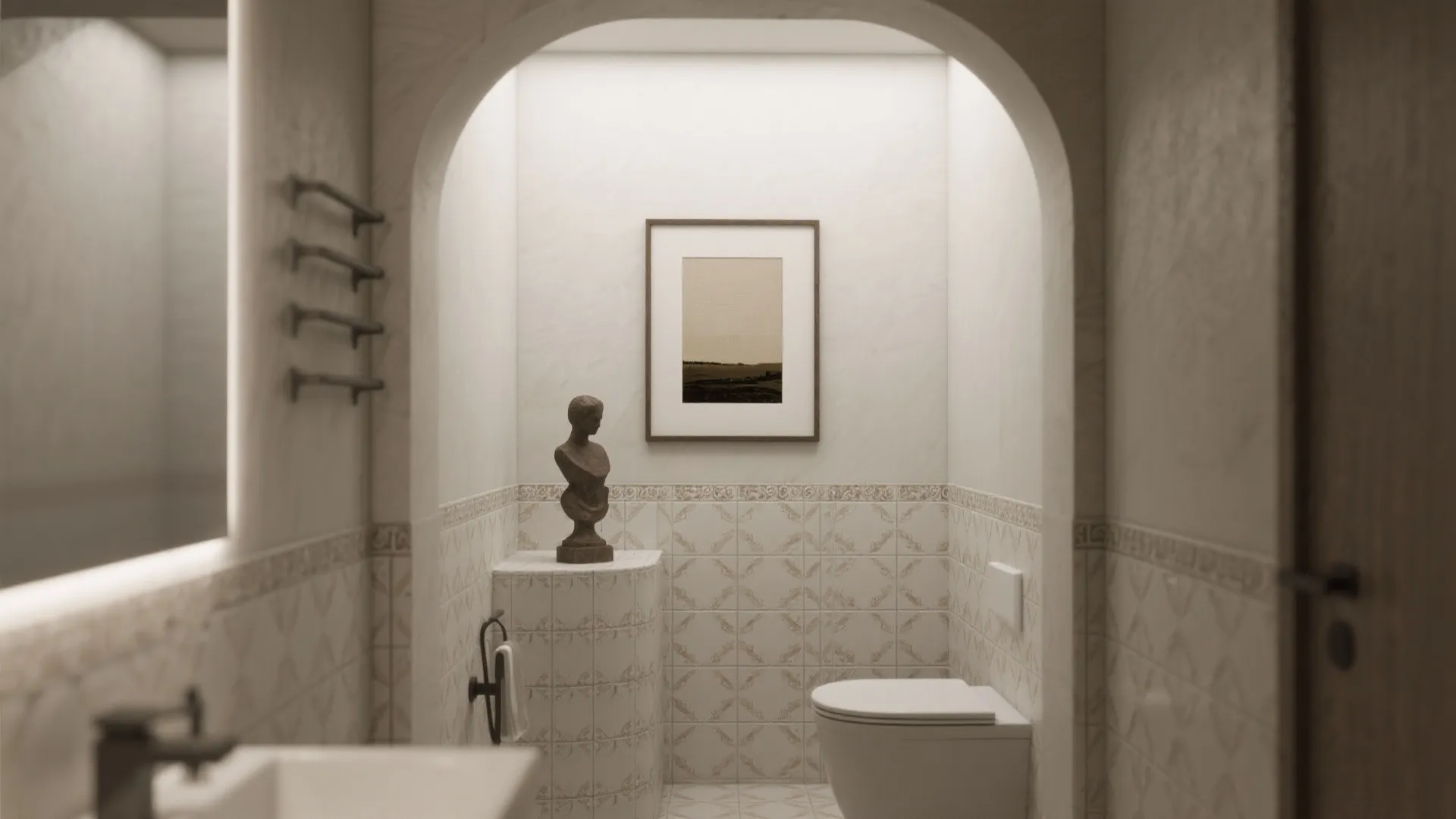 Elegant bathroom alcove with arched entrance featuring white toilet decorative statue wall art and patterned tiling