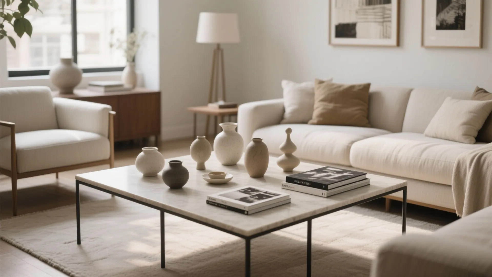 Marble top coffee table with decorative ceramic vases and books in a minimalist living room
