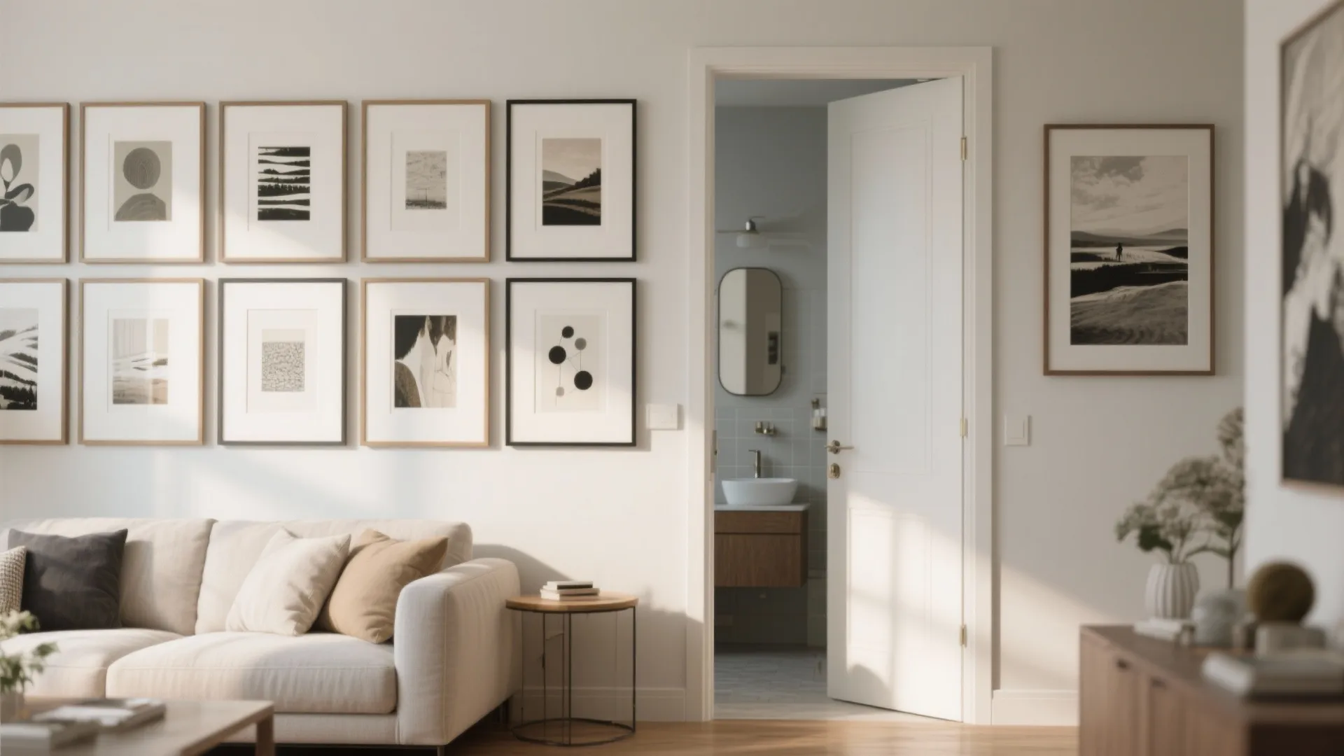 Living room with gallery wall frames and open white door leading into a small bathroom