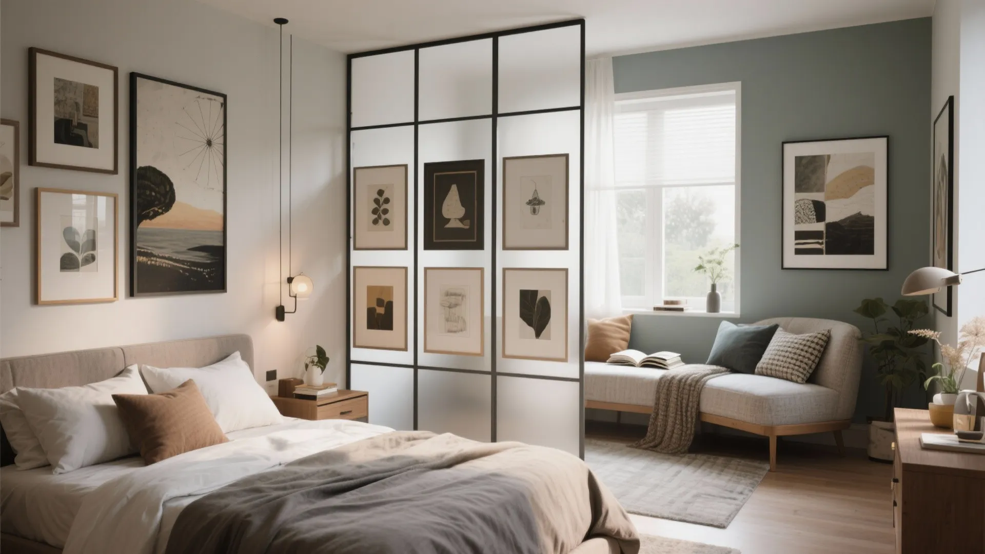 Bedroom area divided by a glass wall with black frames holding several small framed pictures