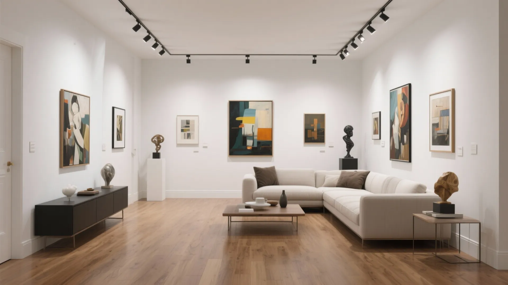 Art gallery style second living room with curated paintings