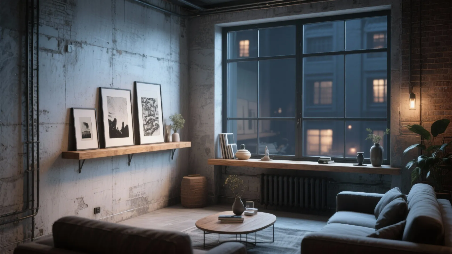 Industrial living room at night with grey sofa round coffee table and art on shelves