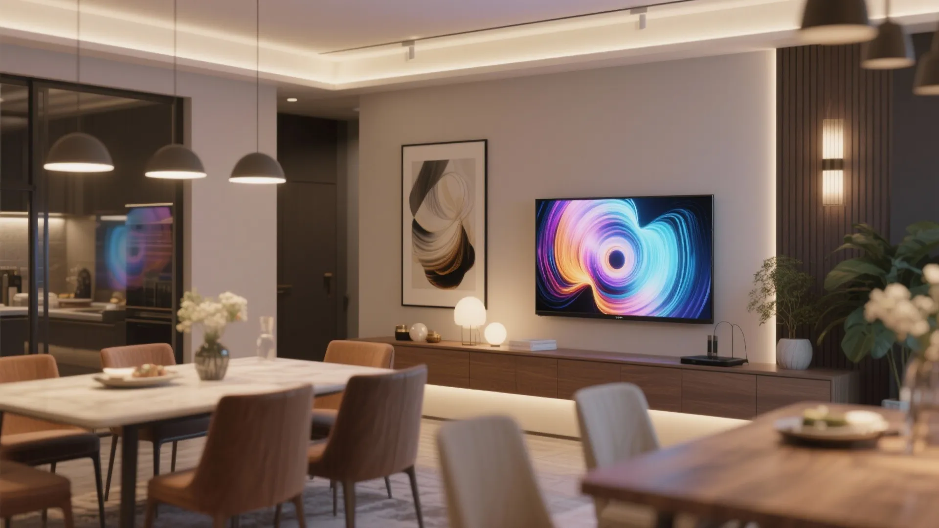 TV in dining area showing artwork matching decor colors