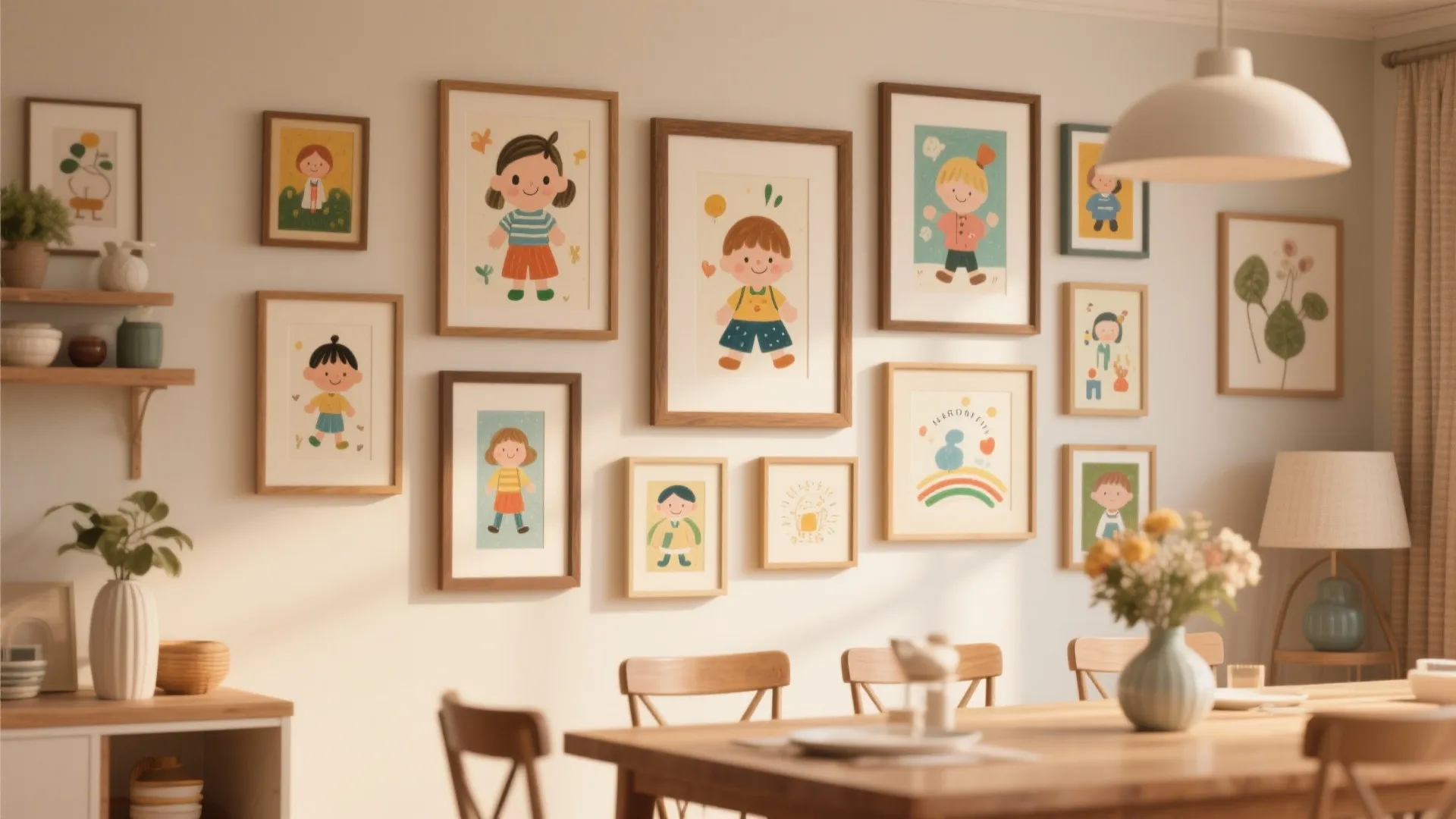 Dining area wall featuring many framed colorful cartoon drawings of children in a gallery style
