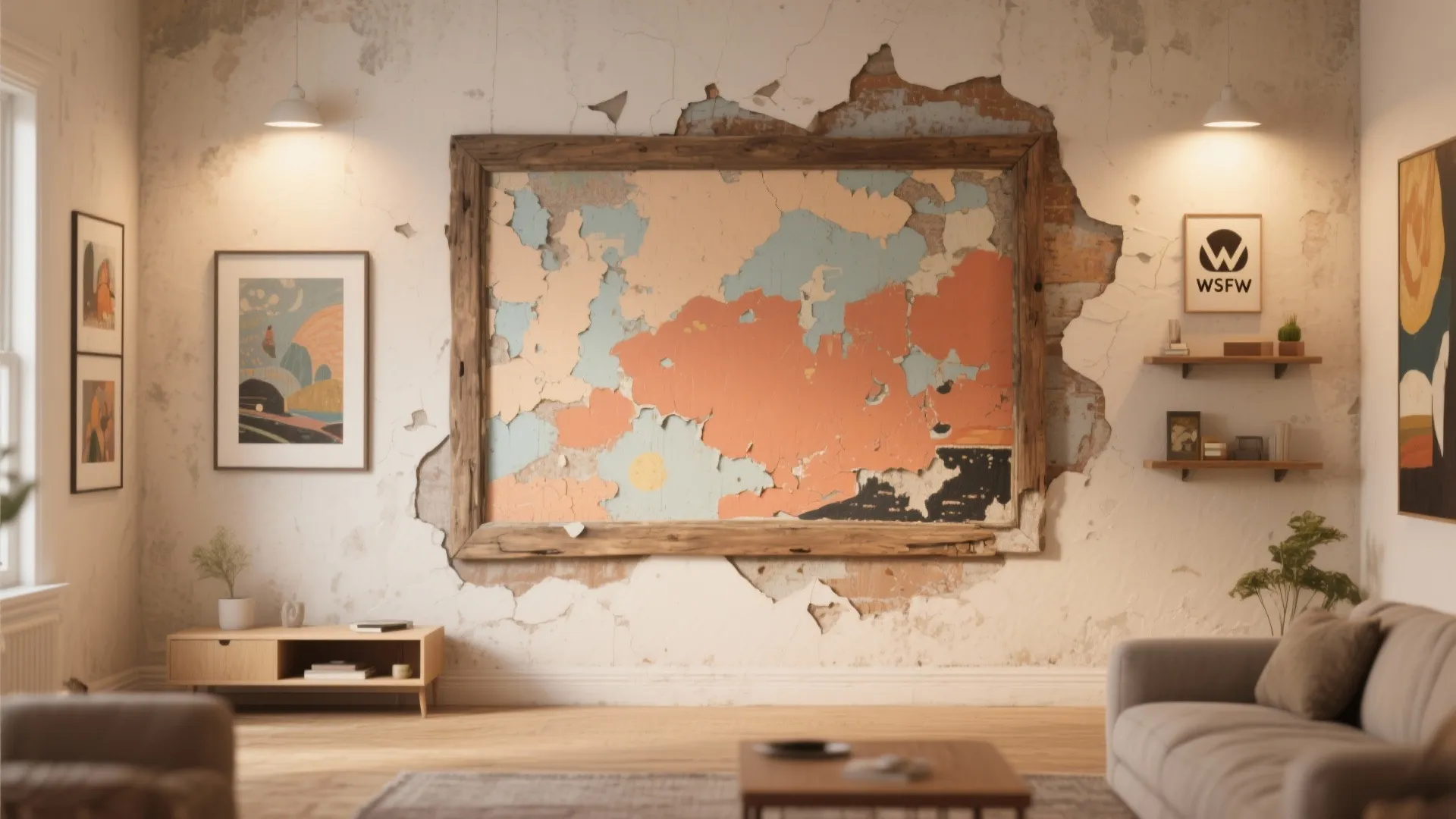 Living room with peeling wall paint around a wooden frame, sofa, and small light fixtures