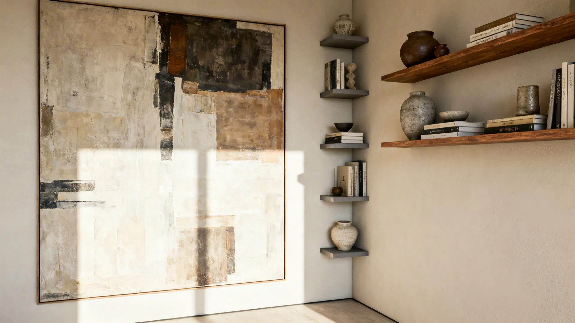 3. Statement Art and Floating Shelves