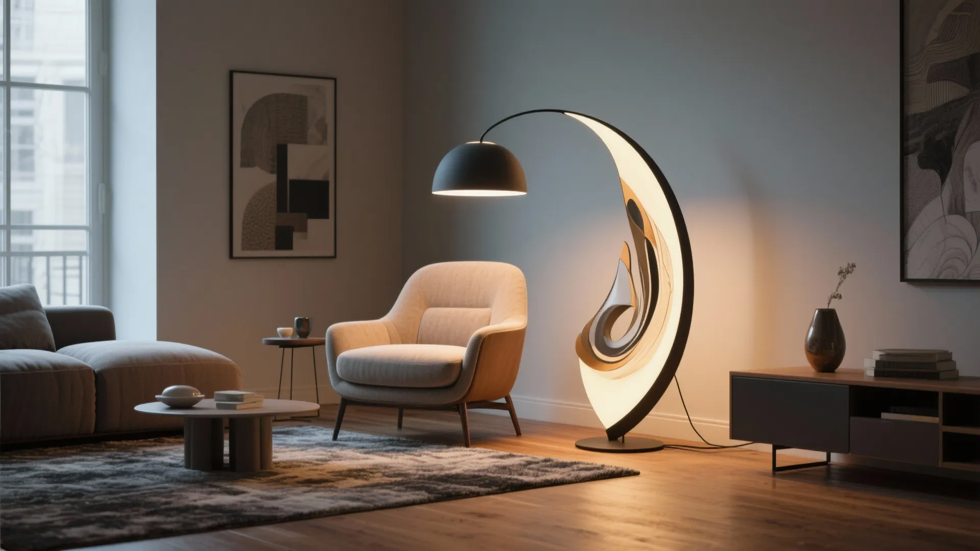 Modern living room corner with curved black floor lamp tan armchair rug and dark wood floor