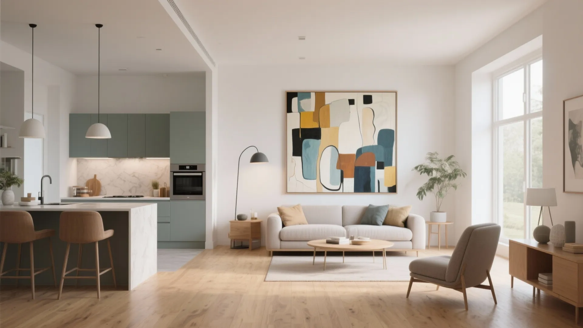 Large abstract painting connecting kitchen and living room
