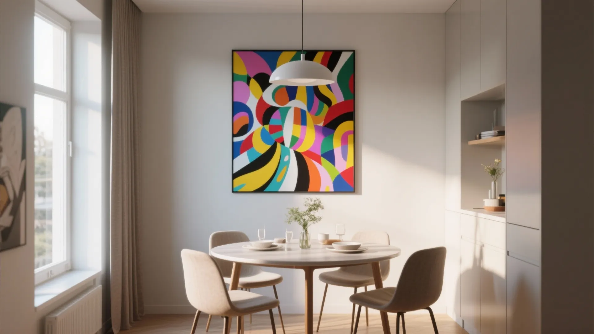 Dining room with colorful abstract wall art round table four chairs and white ceiling light