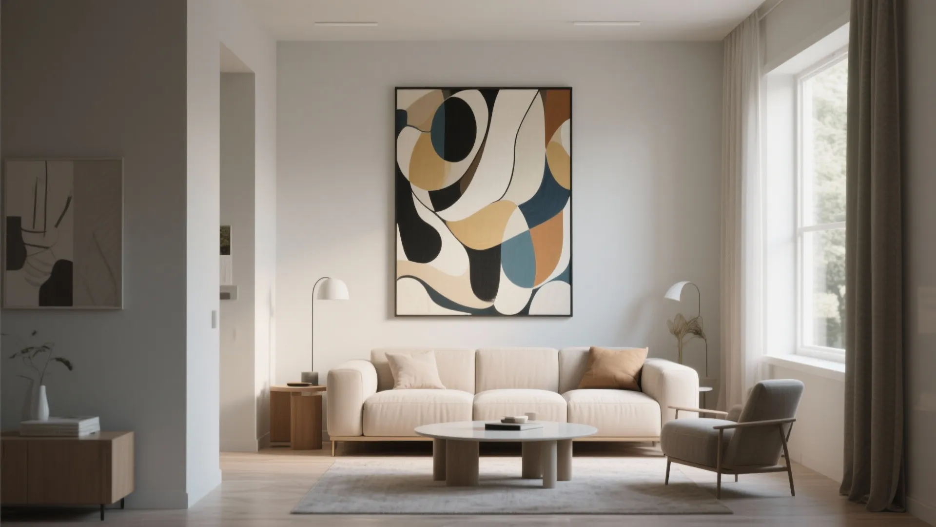 Living room with white sofa and large abstract wall art above the seat near window