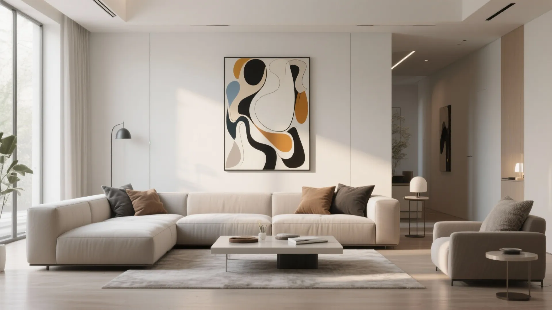 Oversized abstract artwork above modern sofa