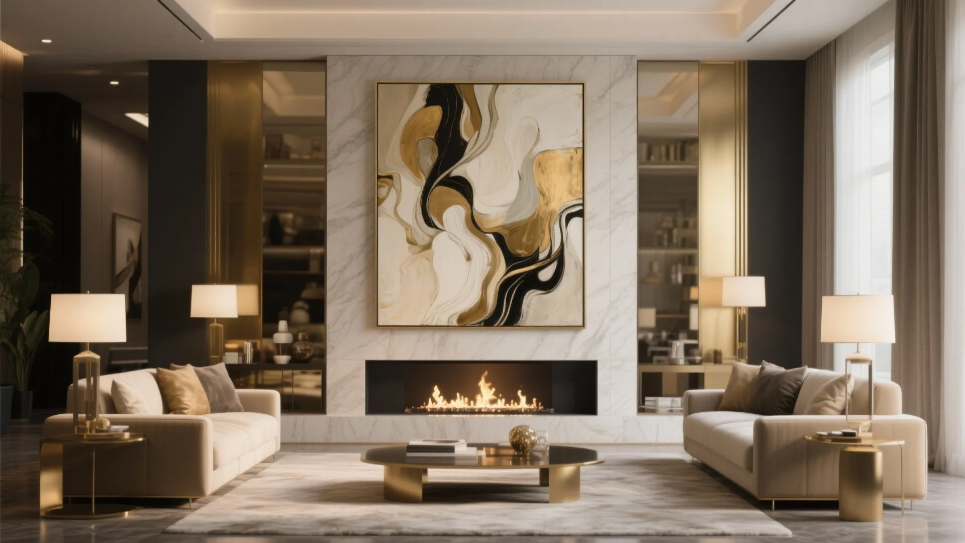 Luxury living room with oversized abstract painting above fireplace