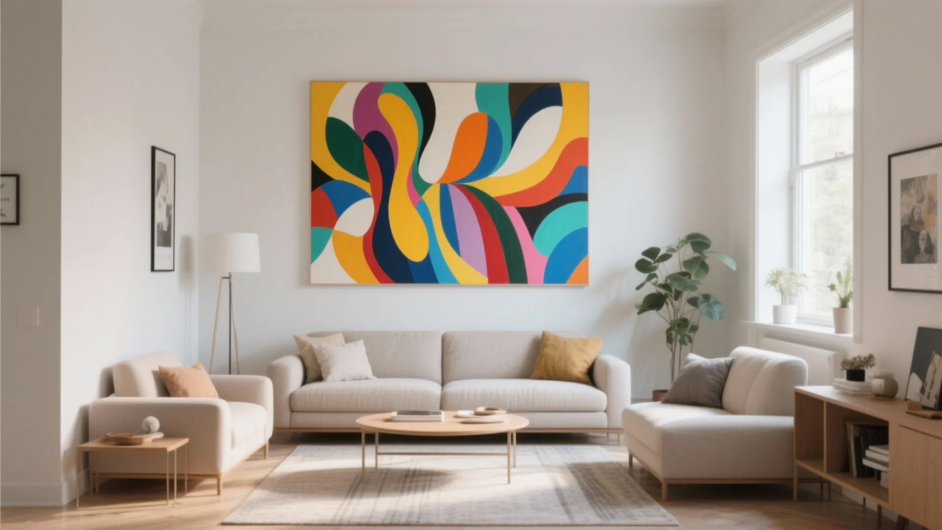 Modern living room with colorful abstract wall art beige sofa floor lamp and wooden furniture